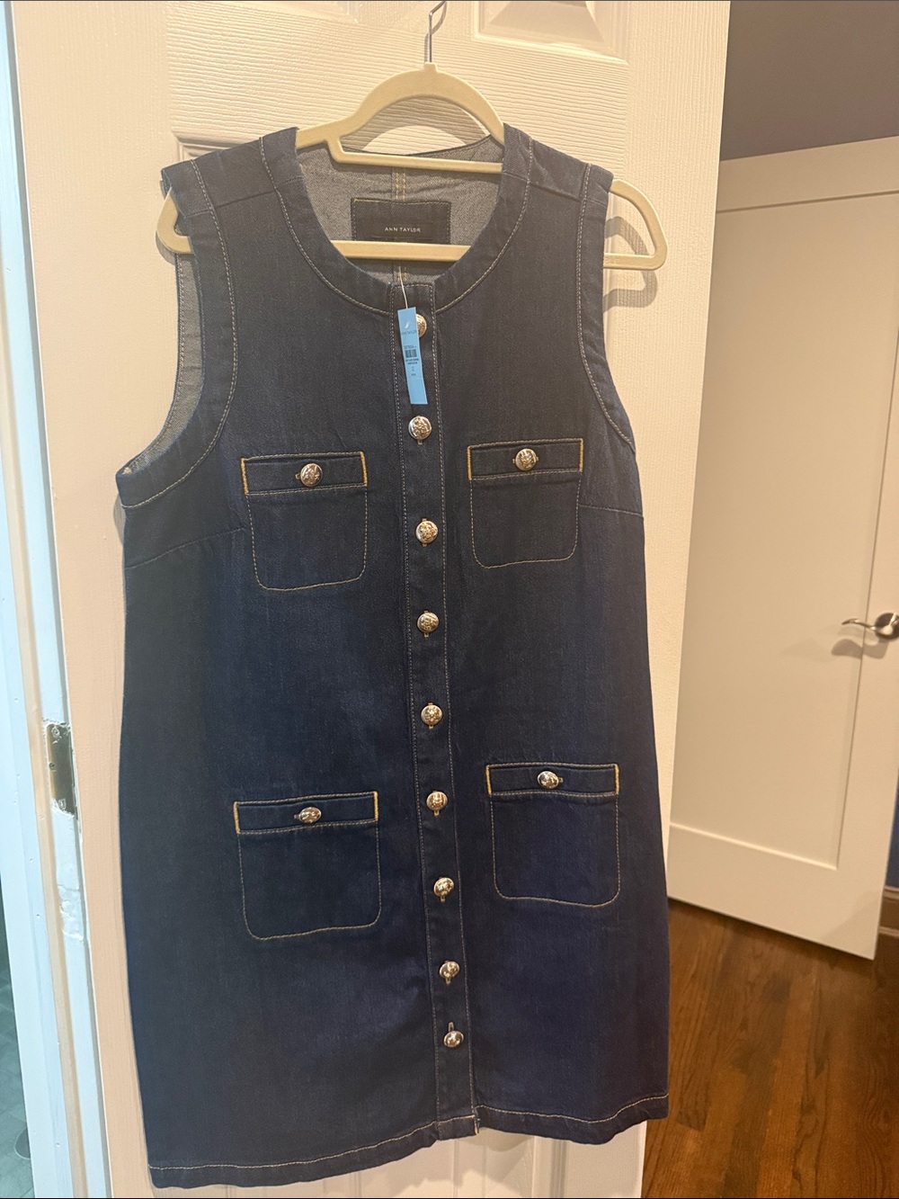 Ann Taylor Dark Blue Denim Button-Front Sleeveless Shift Dress